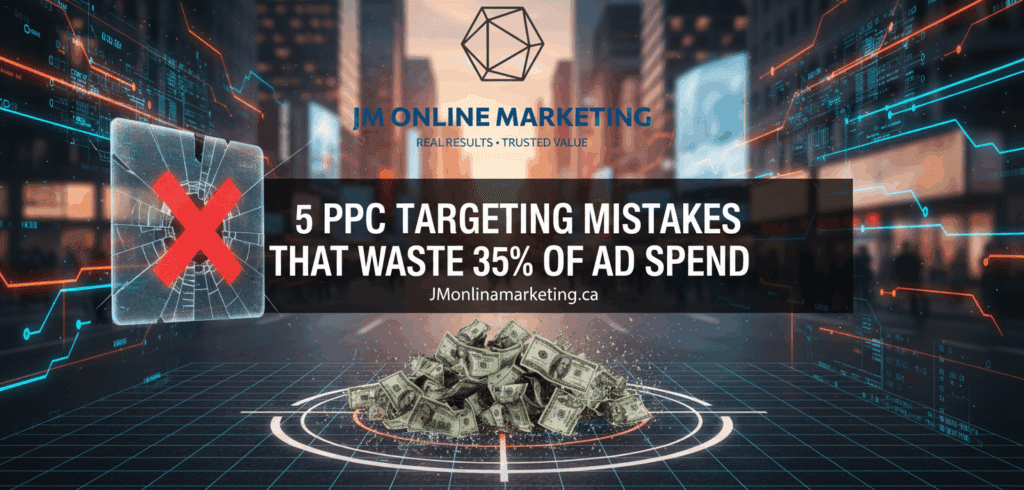 Map showing oversized PPC targeting radius covering entire states and provinces, causing irrelevant clicks and wasted impressions（过大 PPC 地域定向半径示意图）