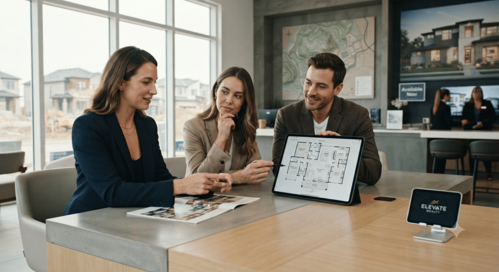 Real estate agent holding a consultation with buyers using a multi-channel digital real estate funnel.