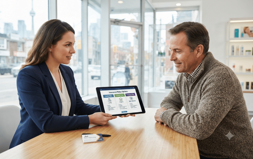 An insurance advisor consulting with a small business owner in a storefront.