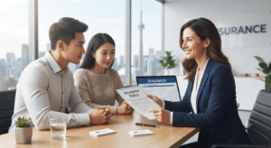 Insurance agent holding a consultation with clients in a North American office