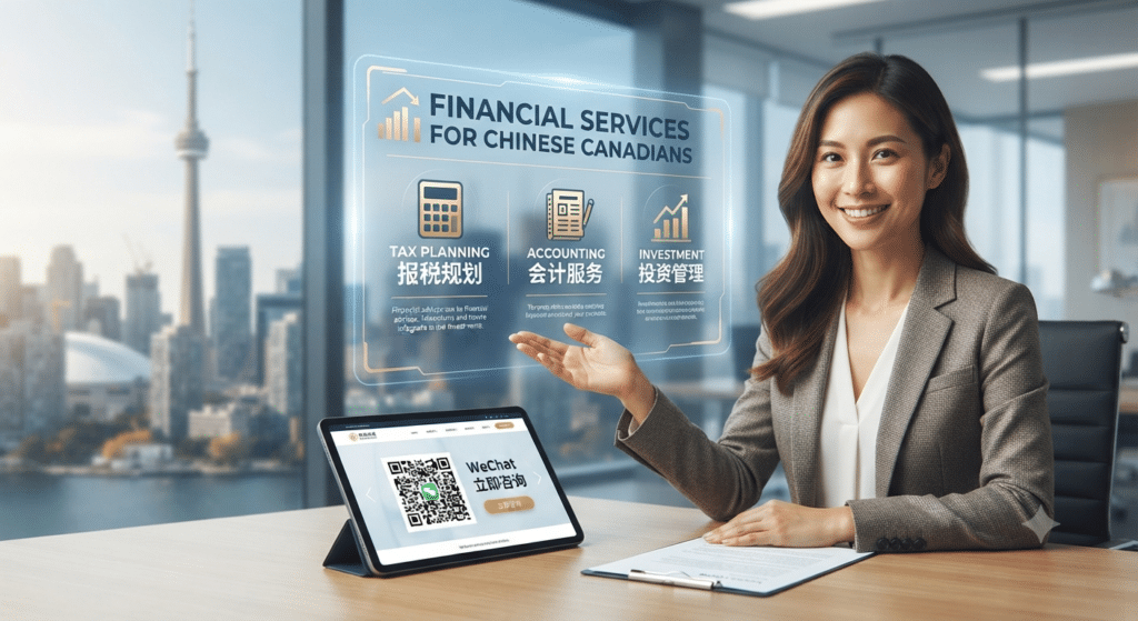 Professional Chinese tax accountant and financial advisor consulting clients in North America.